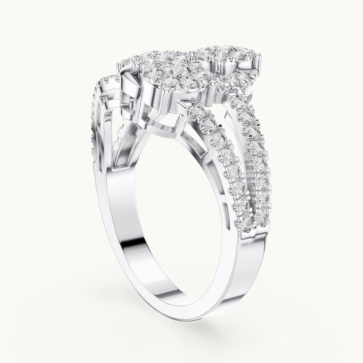 Round lab-grown diamond split pavé toi et moi cluster ring in white gold, 0.778 CT TW, view 1