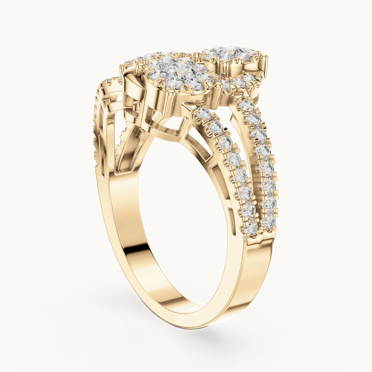 Round lab-grown diamond split pavé toi et moi cluster ring in yellow gold, 0.778 CT TW, view 1