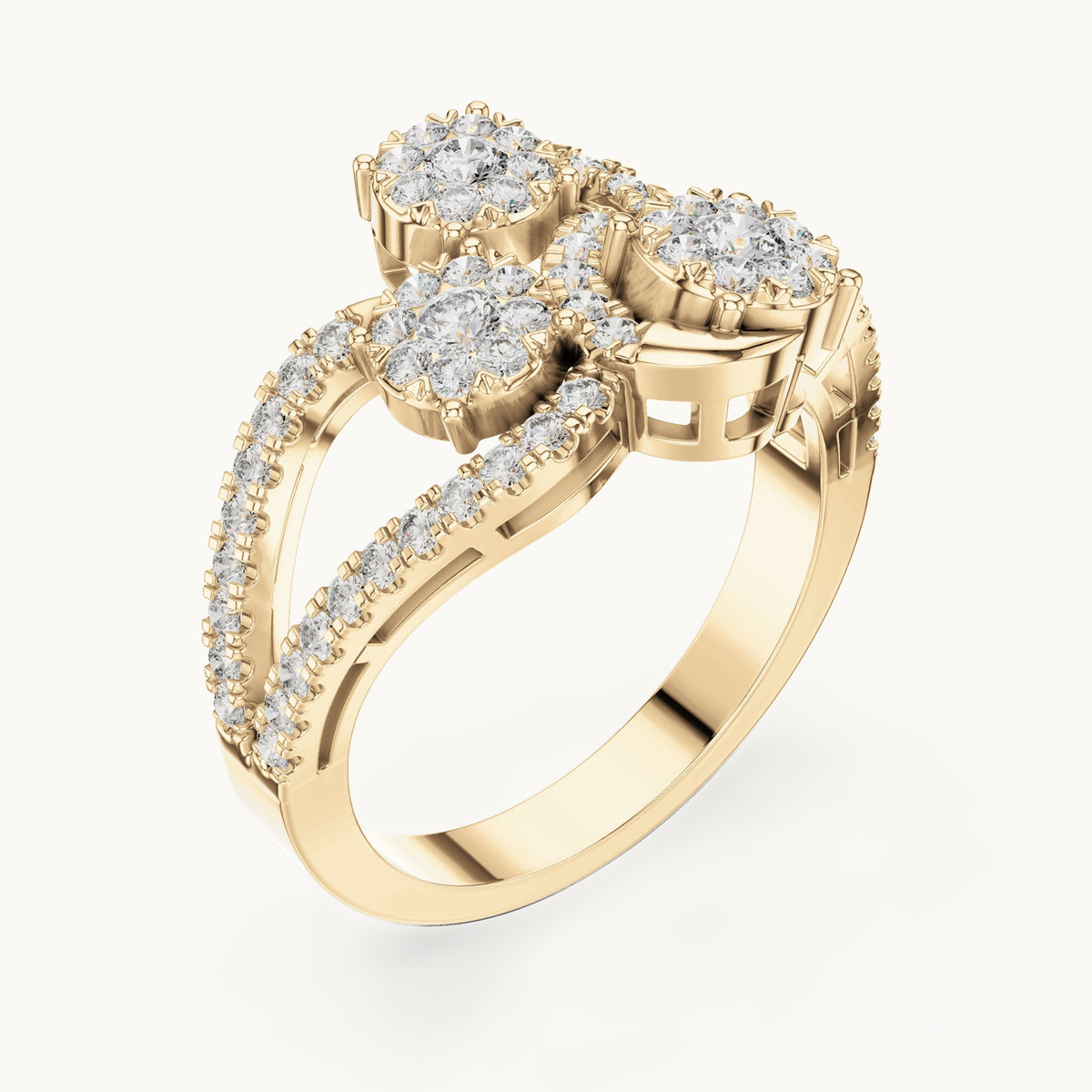 Round lab-grown diamond split pavé toi et moi cluster ring in yellow gold, 0.778 CT TW, view 2