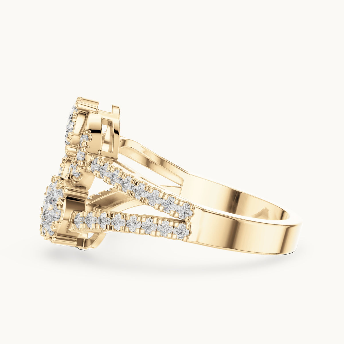 Round lab-grown diamond split pavé toi et moi cluster ring in yellow gold, 0.778 CT TW, view 3