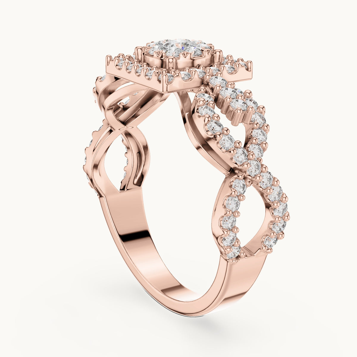 Round lab-grown diamond infinity twist cluster halo ring in rose gold, 0.728 CT TW, view 1