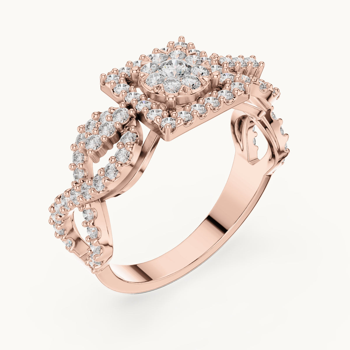 Round lab-grown diamond infinity twist cluster halo ring in rose gold, 0.728 CT TW, view 2