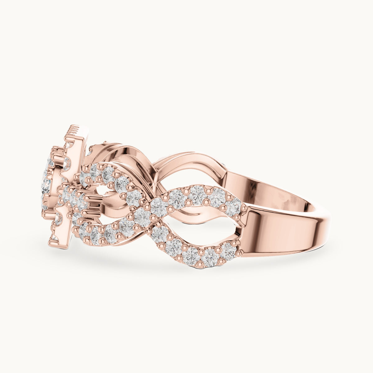 Round lab-grown diamond infinity twist cluster halo ring in rose gold, 0.728 CT TW, view 3