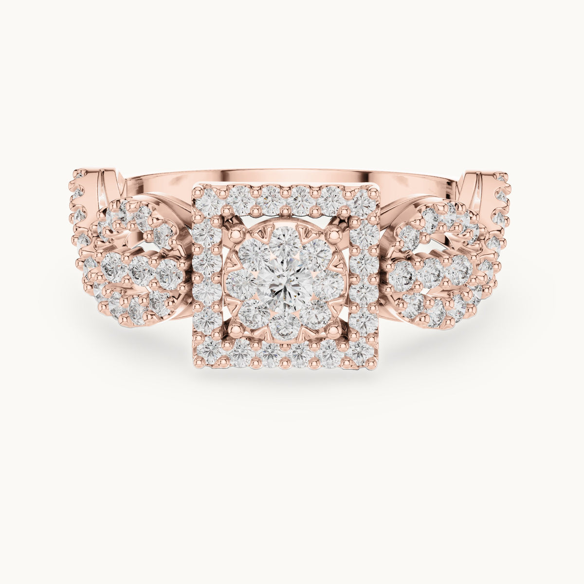 Round lab-grown diamond infinity twist cluster halo ring in rose gold, 0.728 CT TW, view 4