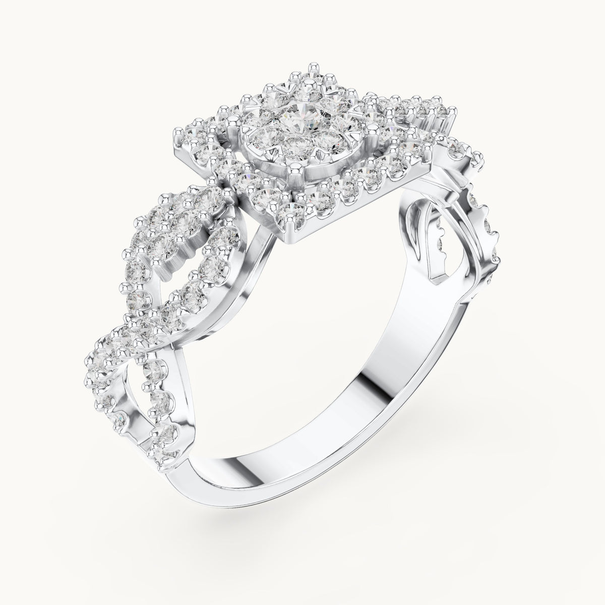 Round lab-grown diamond infinity twist cluster halo ring in white gold, 0.728 CT TW, view 2