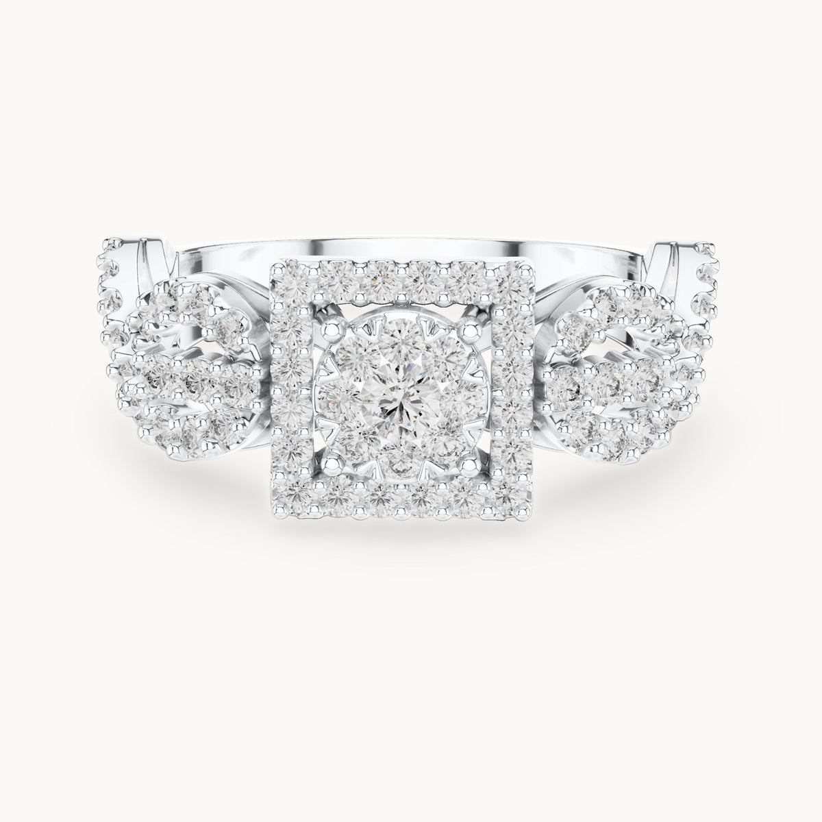 Round lab-grown diamond infinity twist cluster halo ring in white gold, 0.728 CT TW, view 4