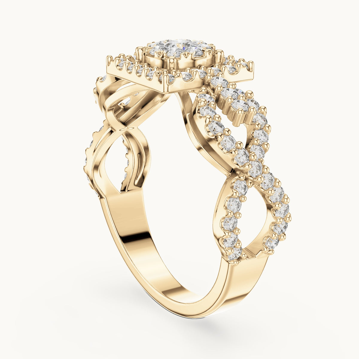 Round lab-grown diamond infinity twist cluster halo ring in yellow gold, 0.728 CT TW, view 1