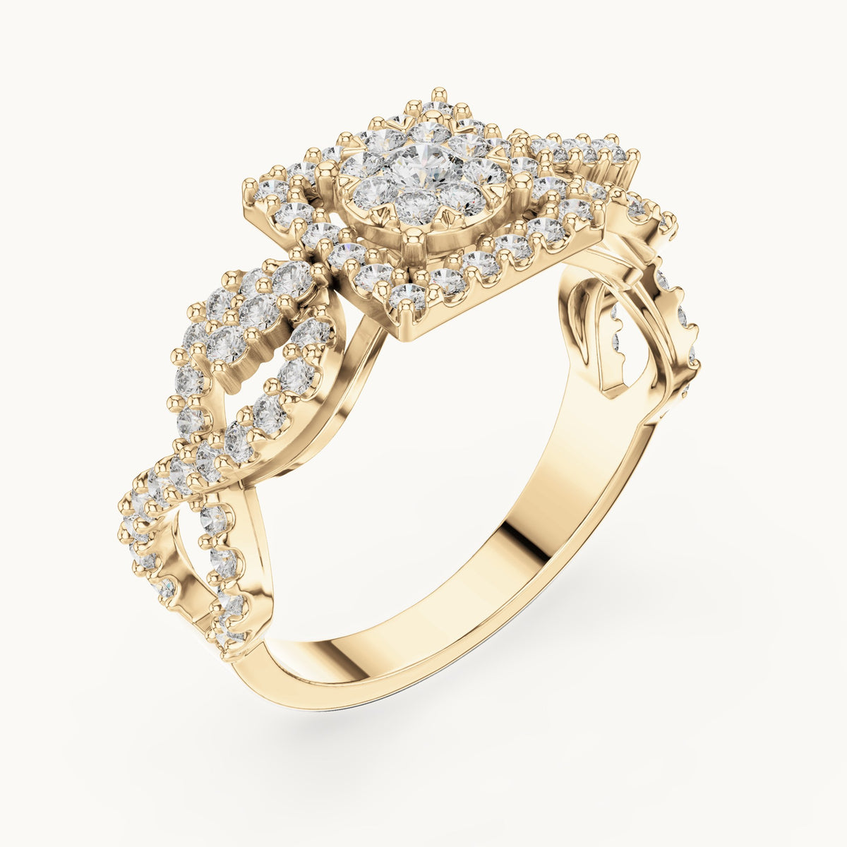 Round lab-grown diamond infinity twist cluster halo ring in yellow gold, 0.728 CT TW, view 2