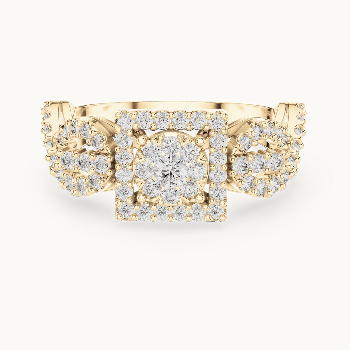 Round lab-grown diamond infinity twist cluster halo ring in yellow gold, 0.728 CT TW, view 4