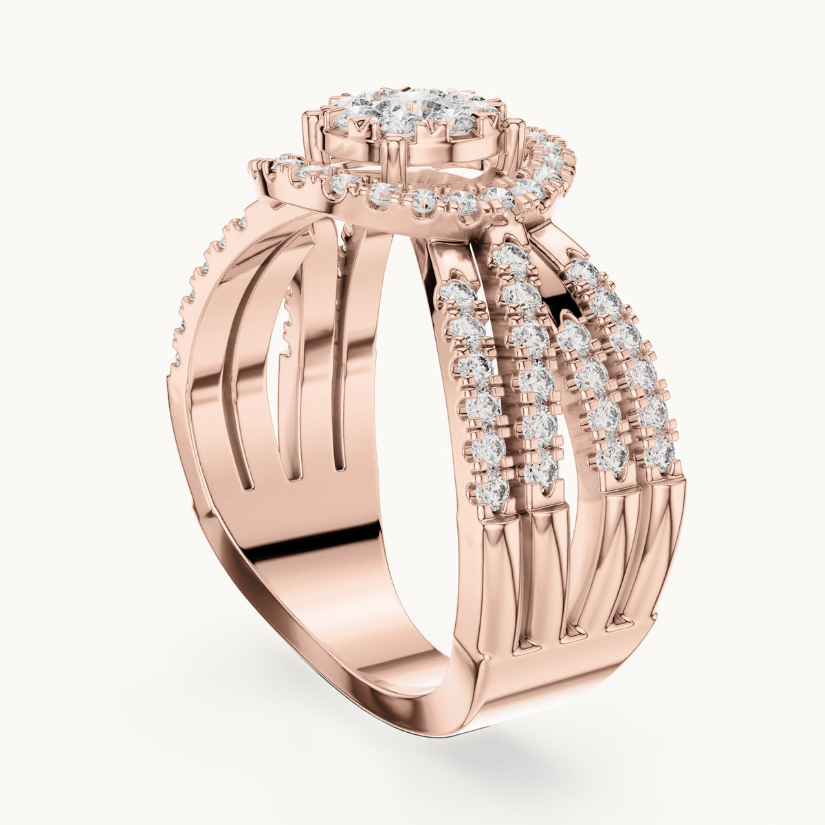 Round lab-grown diamond multi-row cluster halo ring in rose gold, 0.816 CT TW, view 1