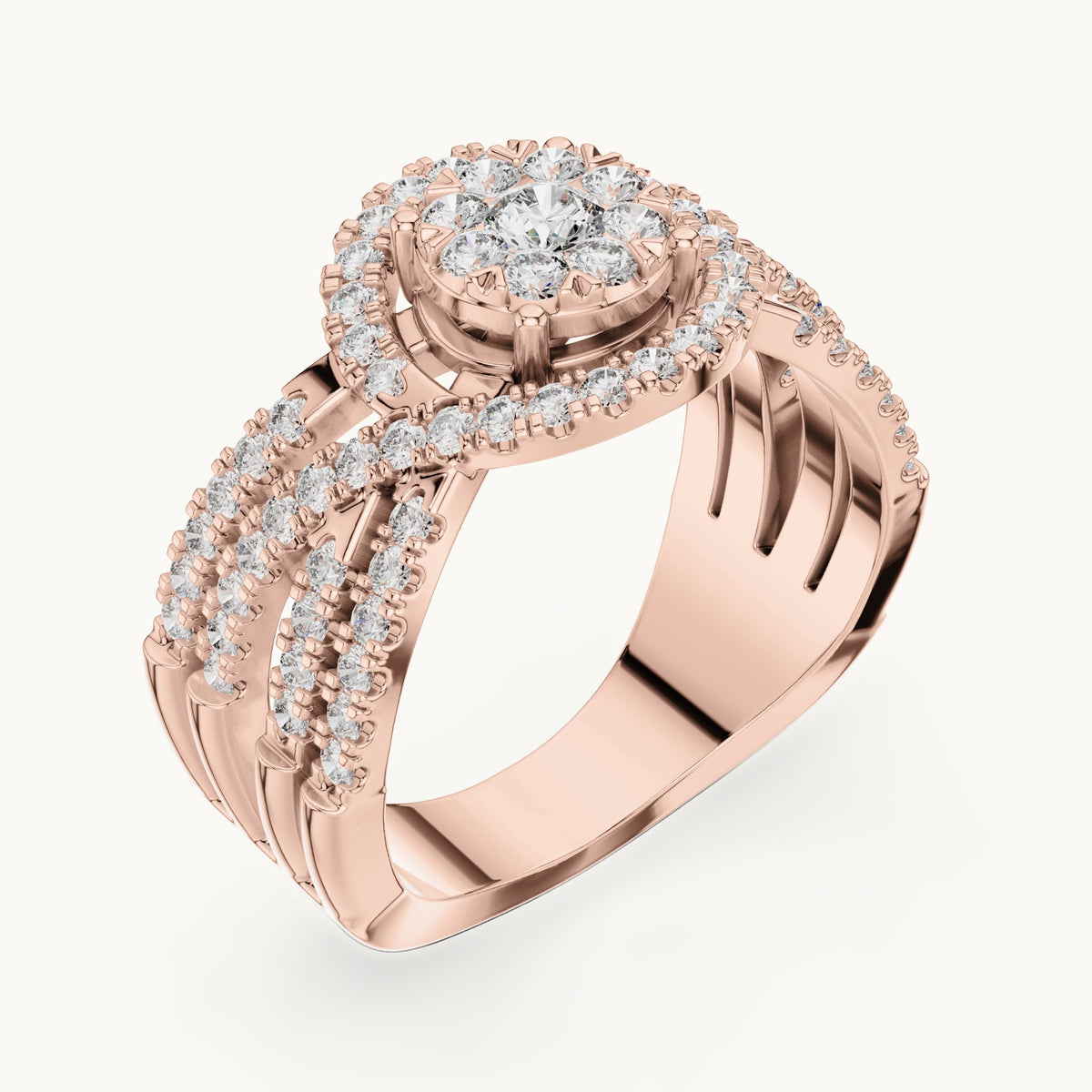 Round lab-grown diamond multi-row cluster halo ring in rose gold, 0.816 CT TW, view 2