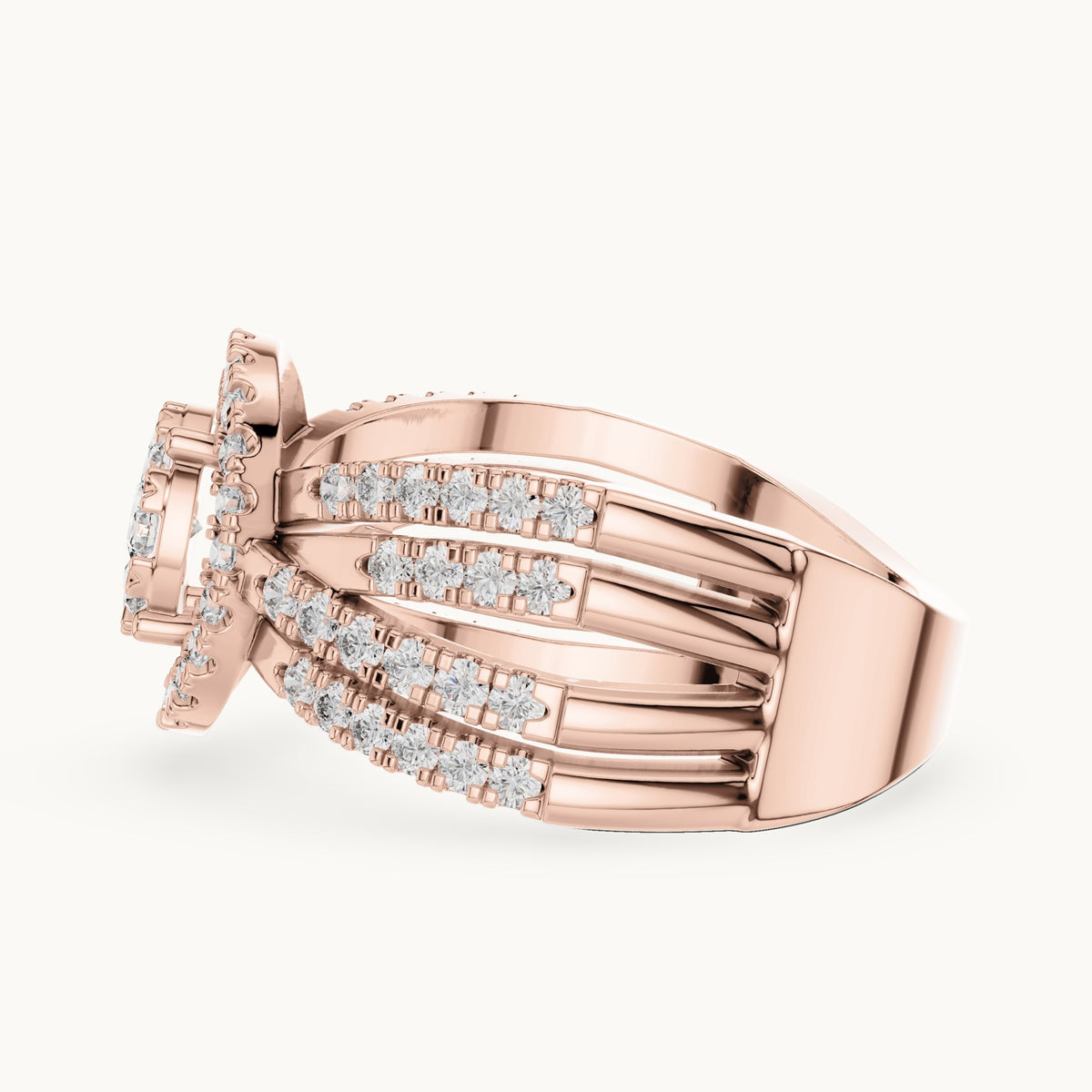 Round lab-grown diamond multi-row cluster halo ring in rose gold, 0.816 CT TW, view 3