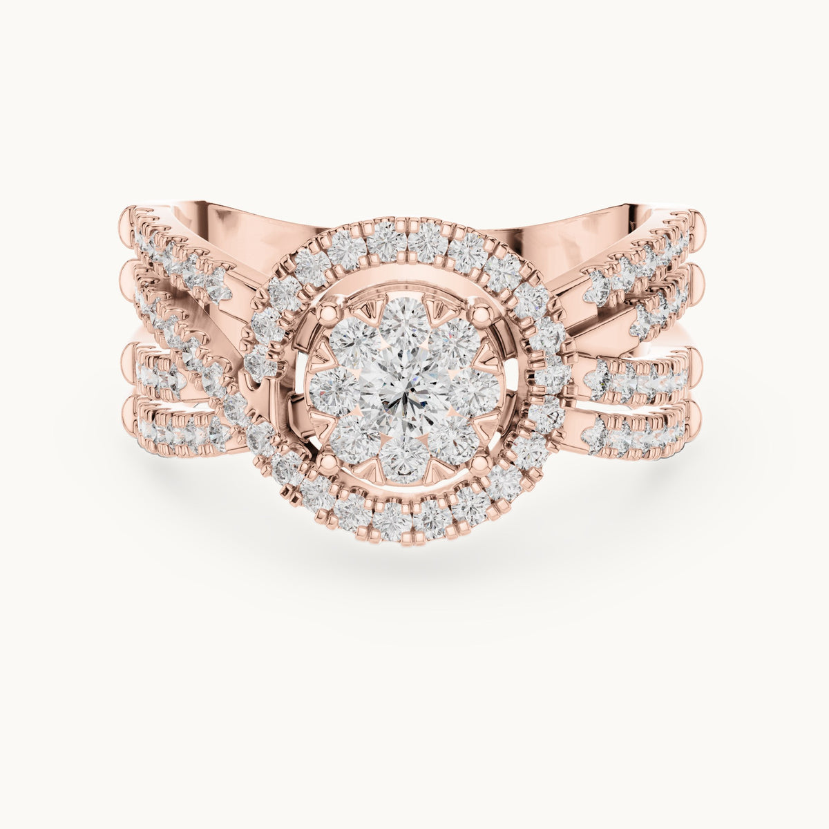 Round lab-grown diamond multi-row cluster halo ring in rose gold, 0.816 CT TW, view 4