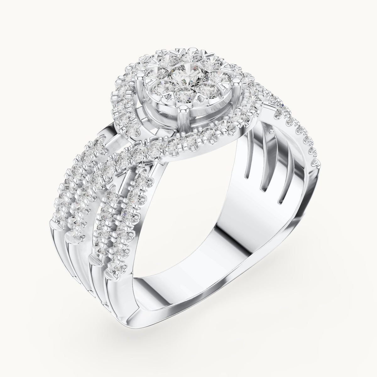 Round lab-grown diamond multi-row cluster halo ring in white gold, 0.816 CT TW, view 2