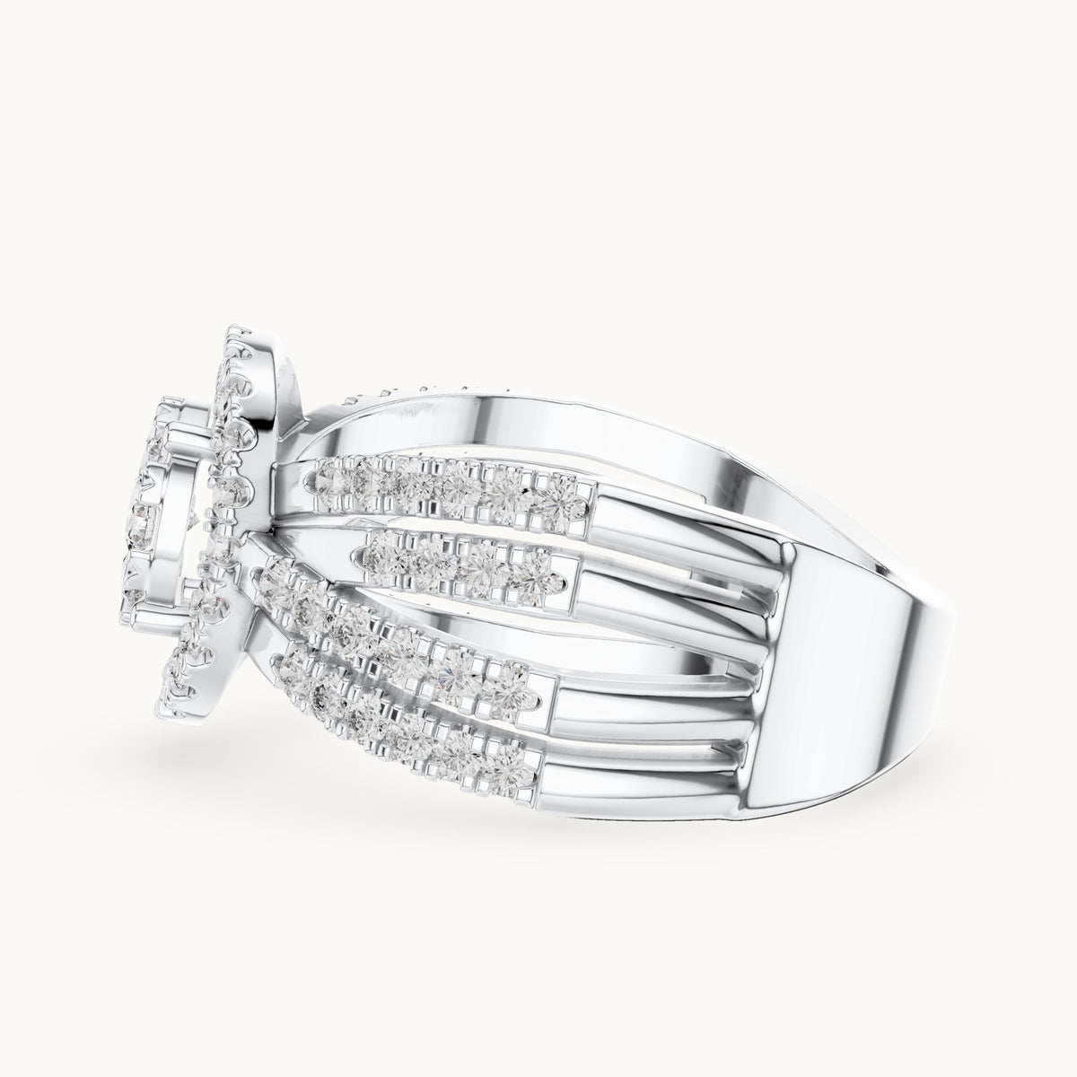 Round lab-grown diamond multi-row cluster halo ring in white gold, 0.816 CT TW, view 3