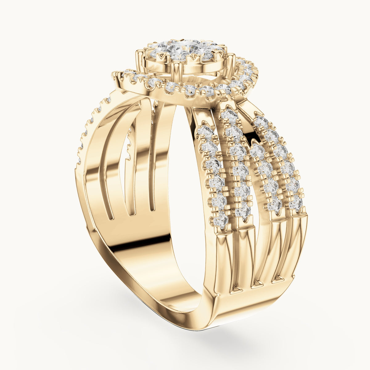Round lab-grown diamond multi-row cluster halo ring in yellow gold, 0.816 CT TW, view 1