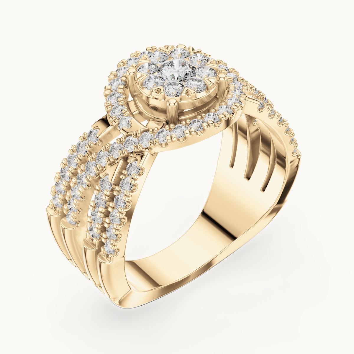 Round lab-grown diamond multi-row cluster halo ring in yellow gold, 0.816 CT TW, view 2