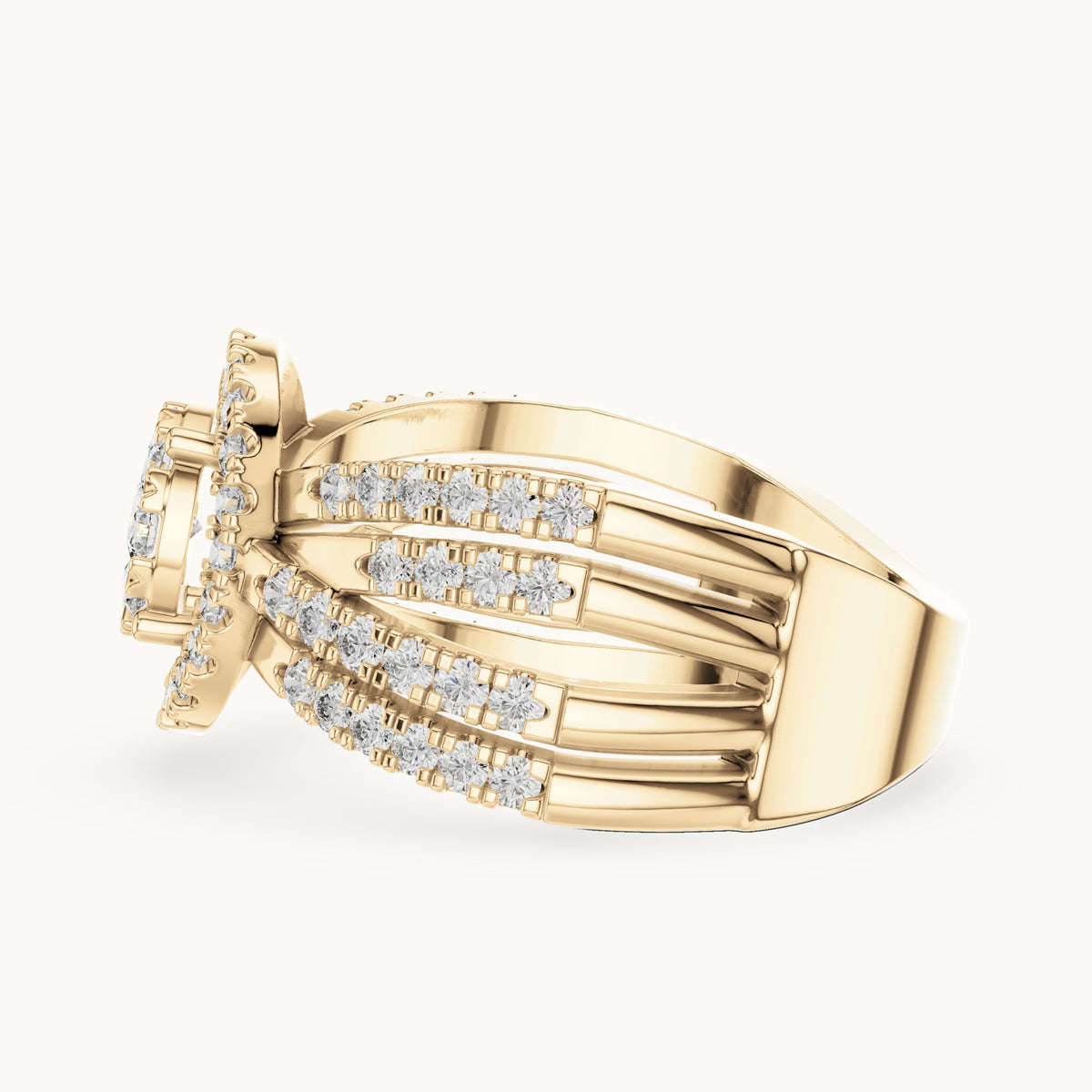 Round lab-grown diamond multi-row cluster halo ring in yellow gold, 0.816 CT TW, view 3