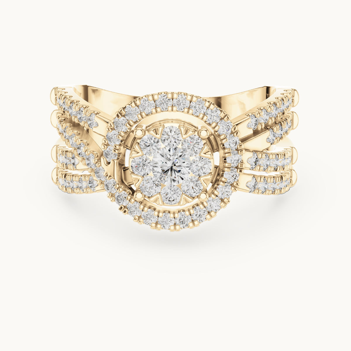 Round lab-grown diamond multi-row cluster halo ring in yellow gold, 0.816 CT TW, view 4