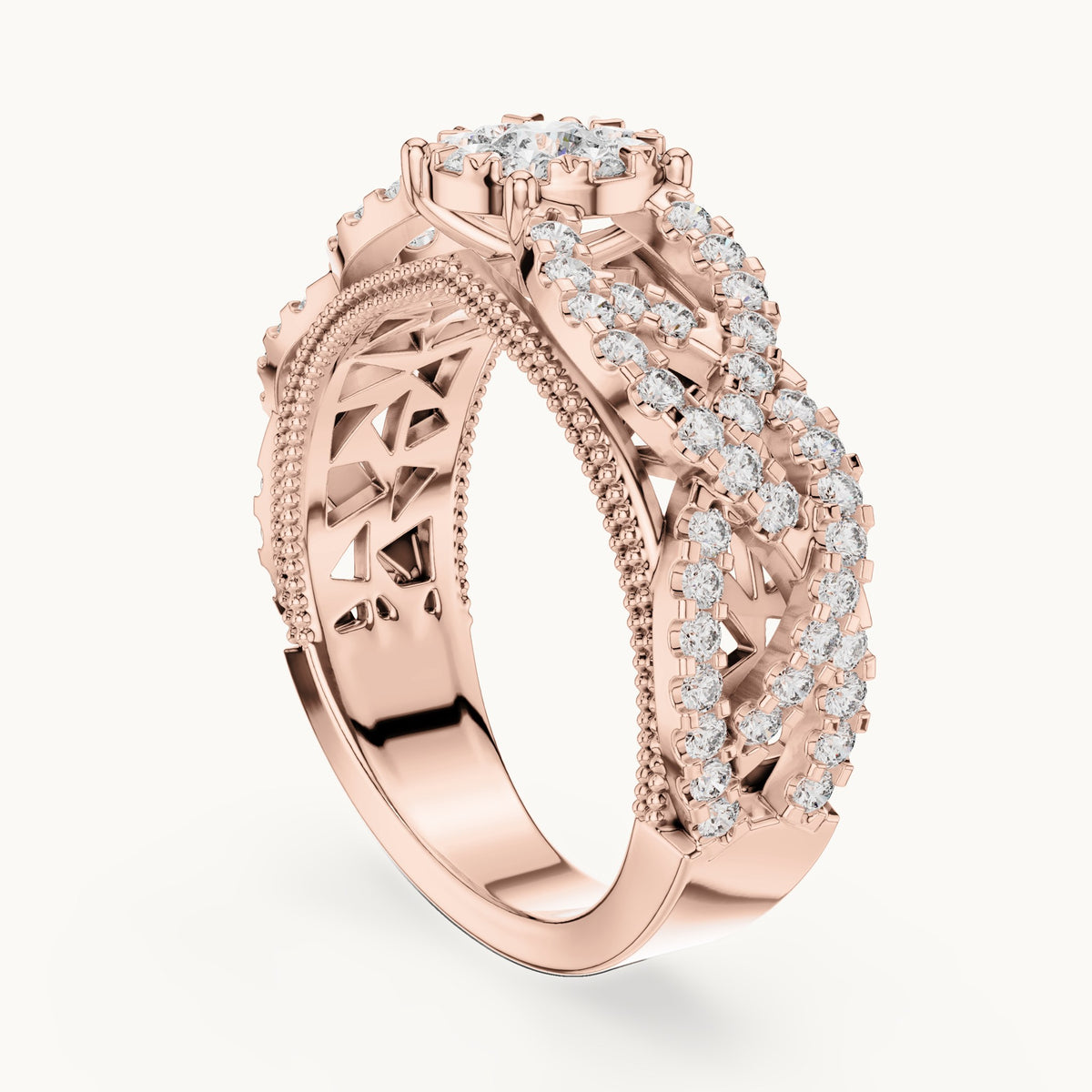 Round lab-grown diamond filigree cluster halo ring in rose gold, 0.824 CT TW, view 1