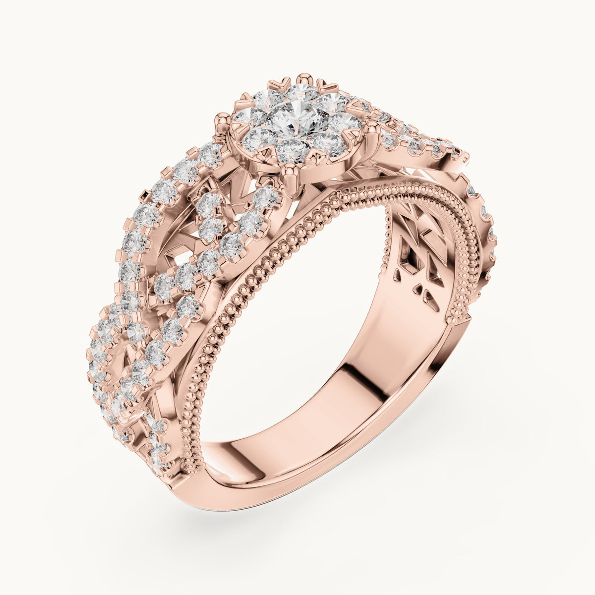 Round lab-grown diamond filigree cluster halo ring in rose gold, 0.824 CT TW, view 2