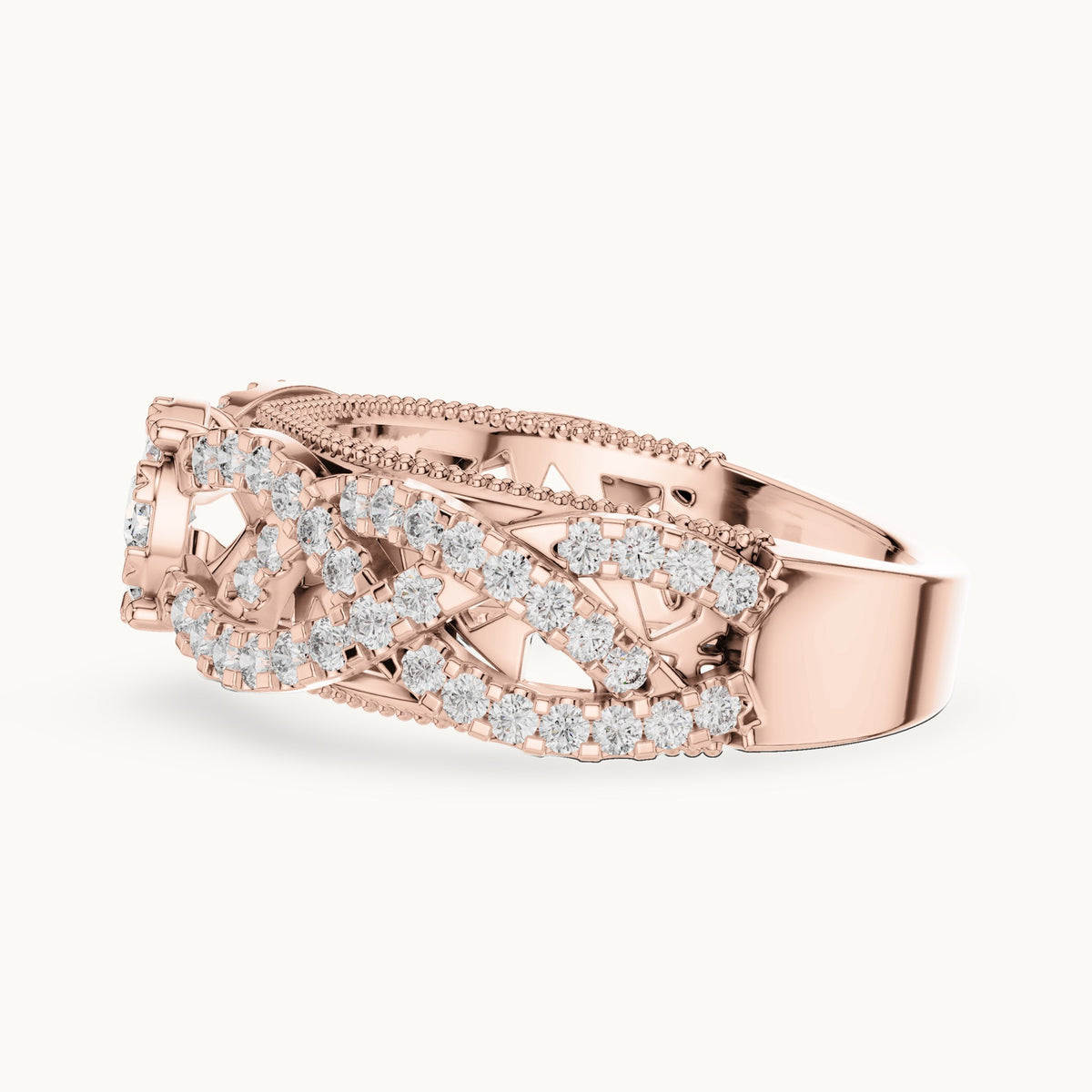 Round lab-grown diamond filigree cluster halo ring in rose gold, 0.824 CT TW, view 3