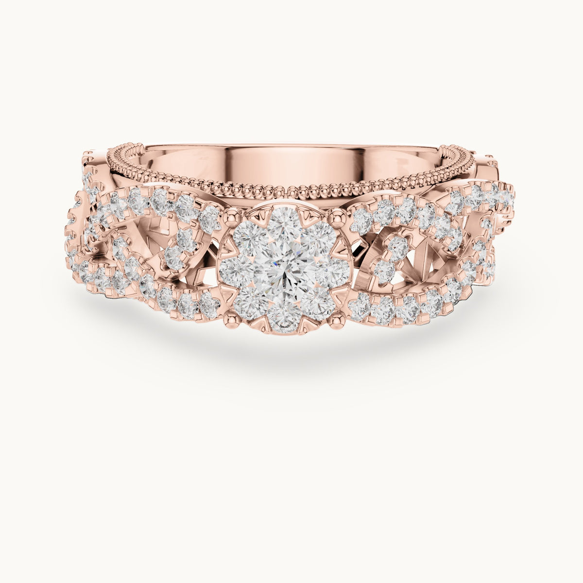 Round lab-grown diamond filigree cluster halo ring in rose gold, 0.824 CT TW, view 4