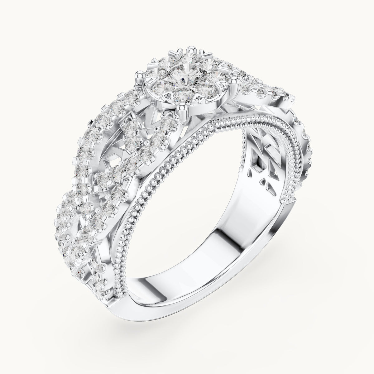 Round lab-grown diamond filigree cluster halo ring in white gold, 0.824 CT TW, view 2
