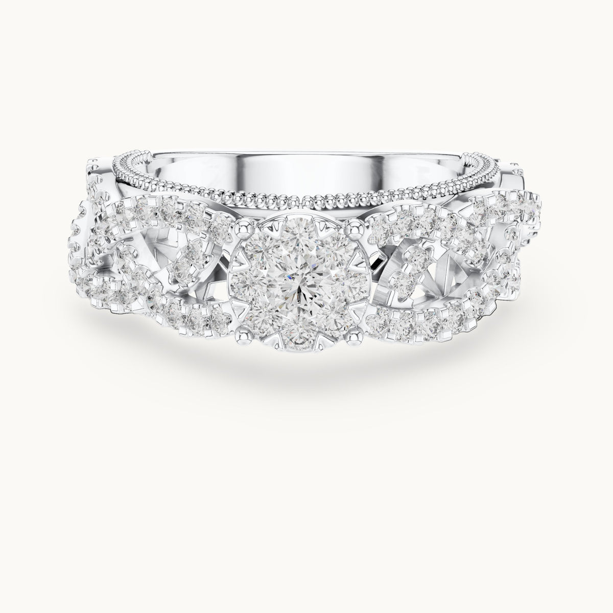 Round lab-grown diamond filigree cluster halo ring in white gold, 0.824 CT TW, view 4