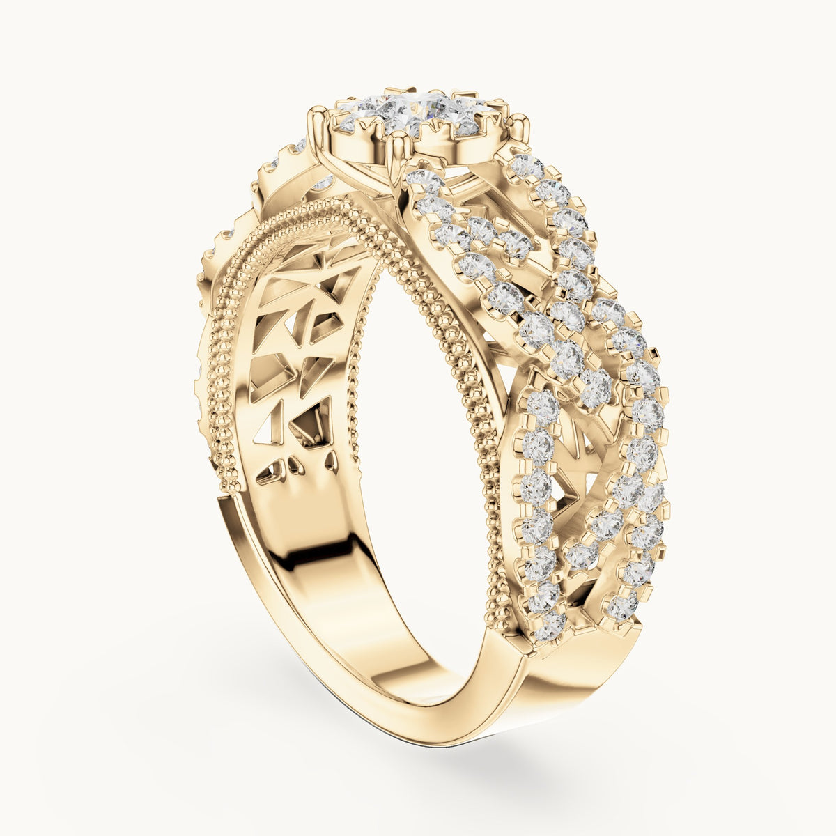 Round lab-grown diamond filigree cluster halo ring in yellow gold, 0.824 CT TW, view 1