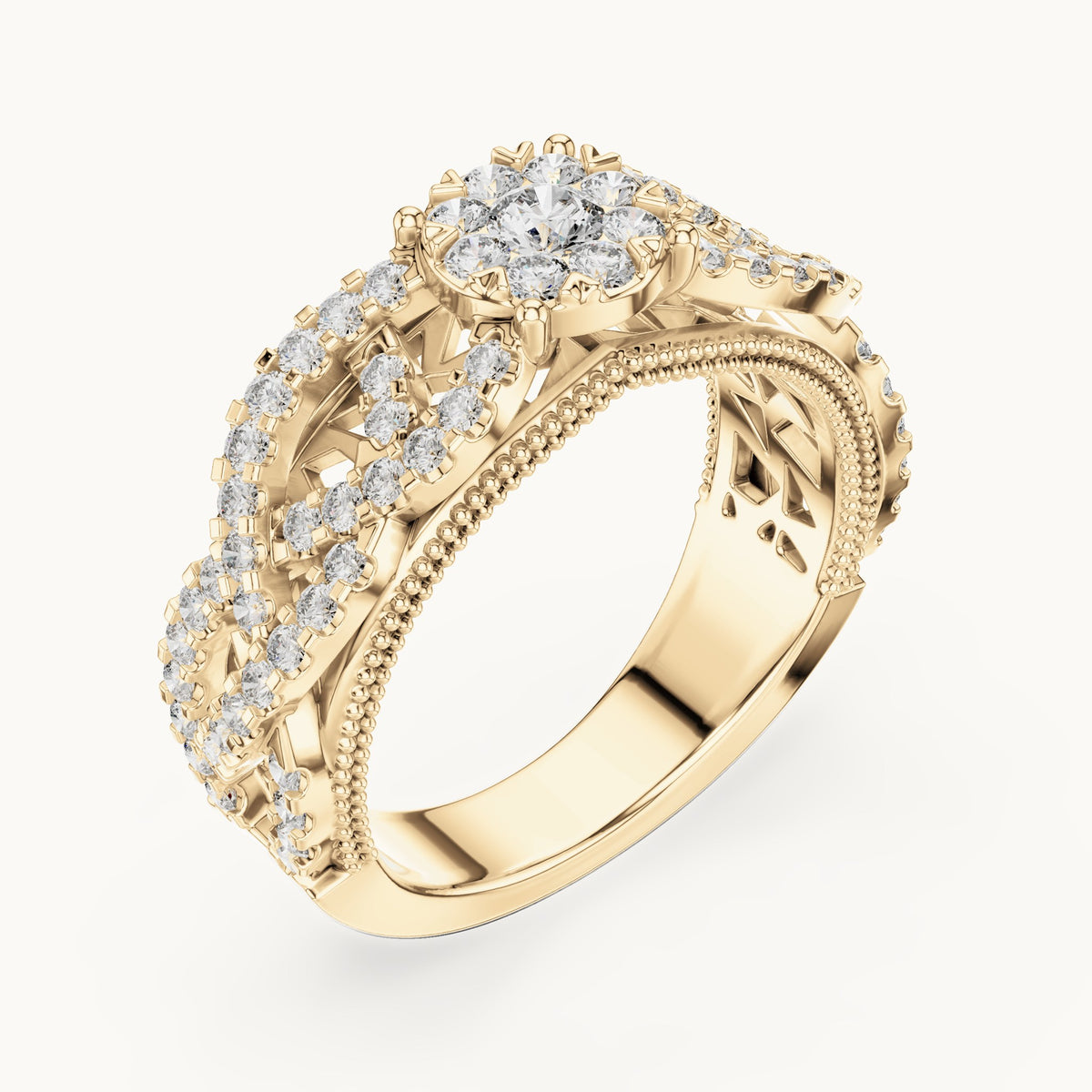 Round lab-grown diamond filigree cluster halo ring in yellow gold, 0.824 CT TW, view 2