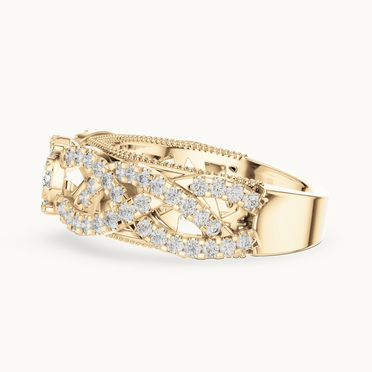Round lab-grown diamond filigree cluster halo ring in yellow gold, 0.824 CT TW, view 3
