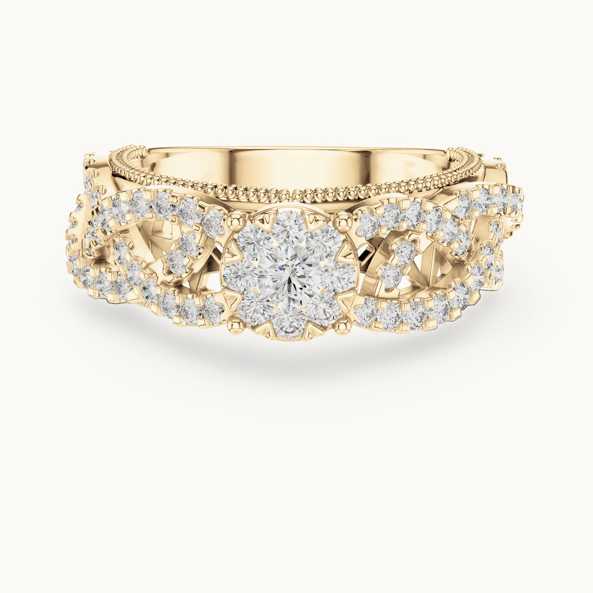 Round lab-grown diamond filigree cluster halo ring in yellow gold, 0.824 CT TW, view 4