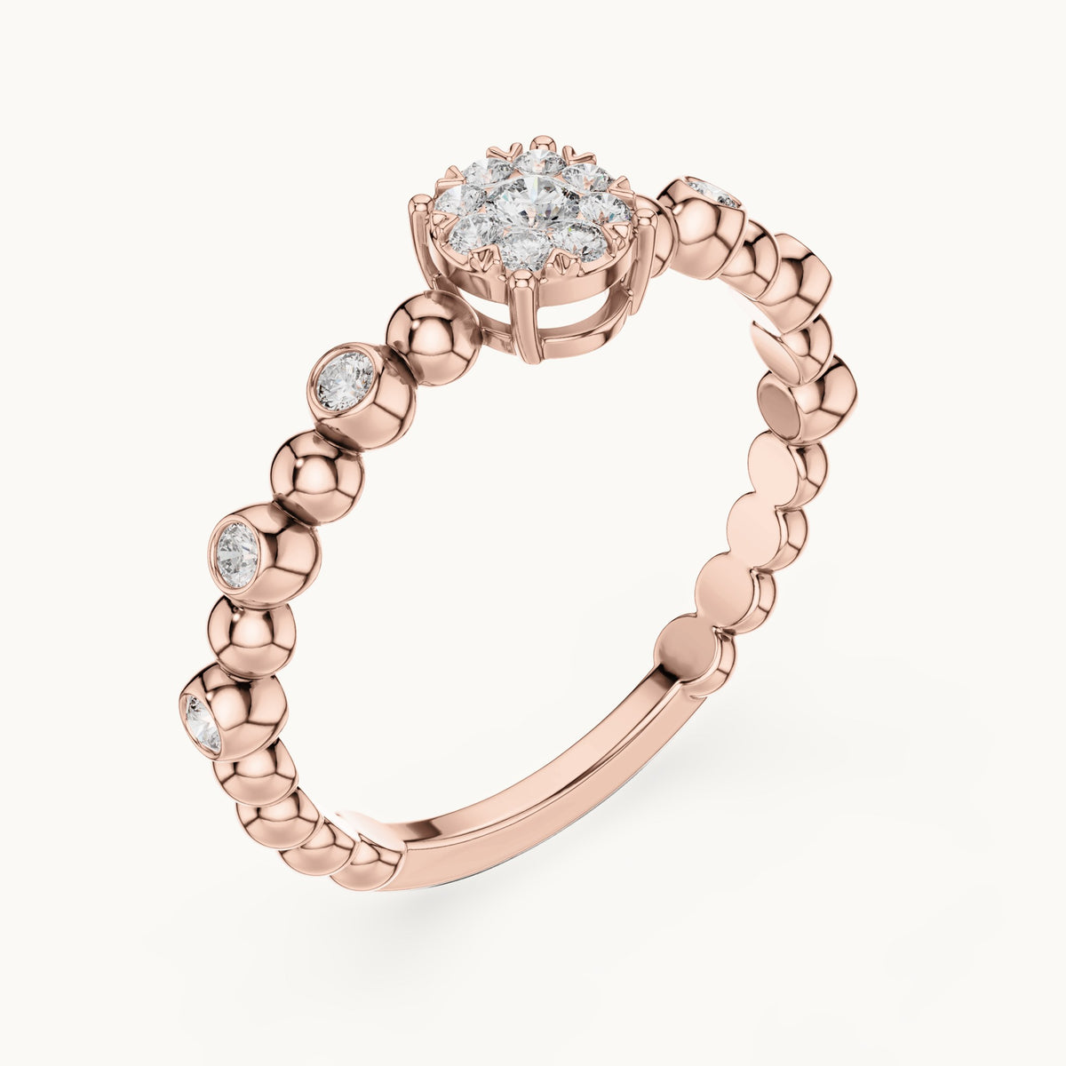 Round lab-grown diamond beaded band cluster ring in rose gold, 0.238 CT TW, view 2