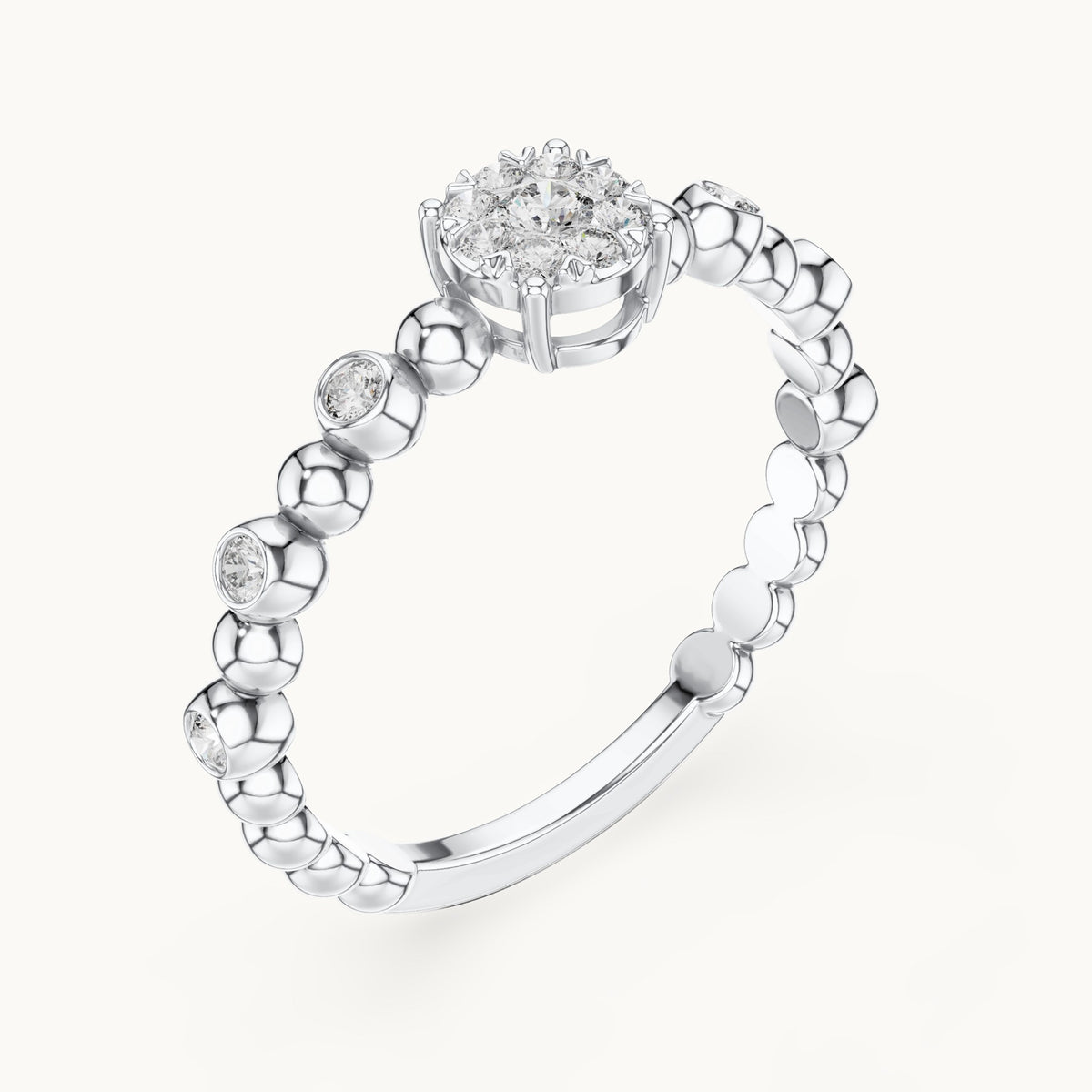 Round lab-grown diamond beaded band cluster ring in white gold, 0.238 CT TW, view 2