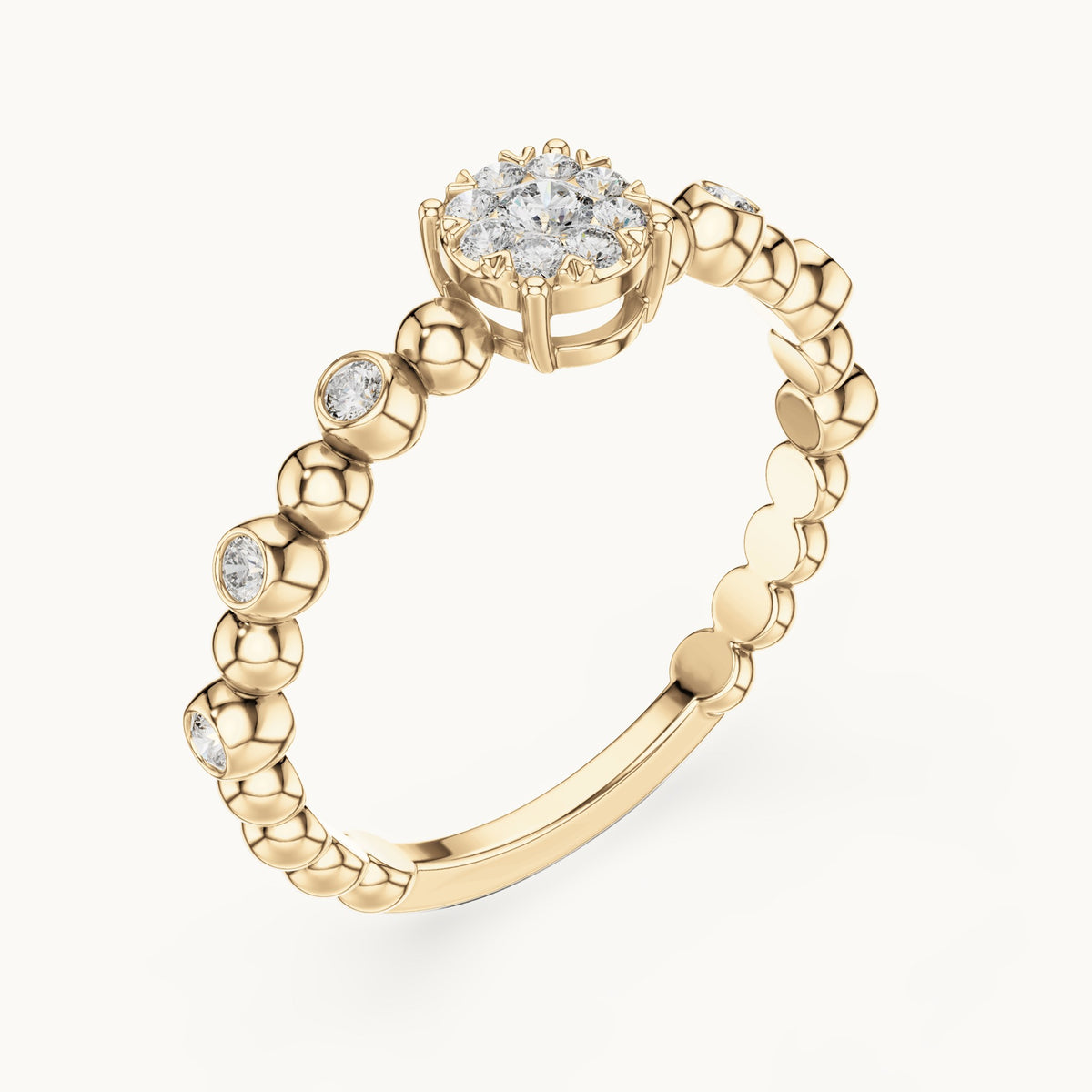 Round lab-grown diamond beaded band cluster ring in yellow gold, 0.238 CT TW, view 2
