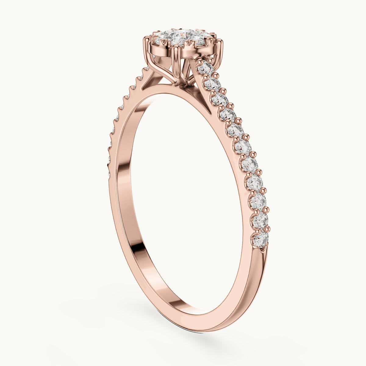 Round lab-grown diamond cluster halo ring with pave band in rose gold, 0.306 CT TW, view 1