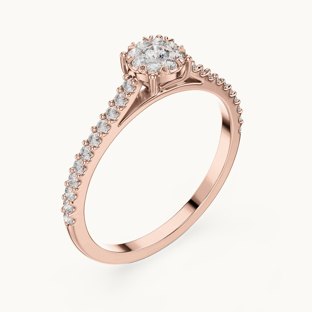 Round lab-grown diamond cluster halo ring with pave band in rose gold, 0.306 CT TW, view 2