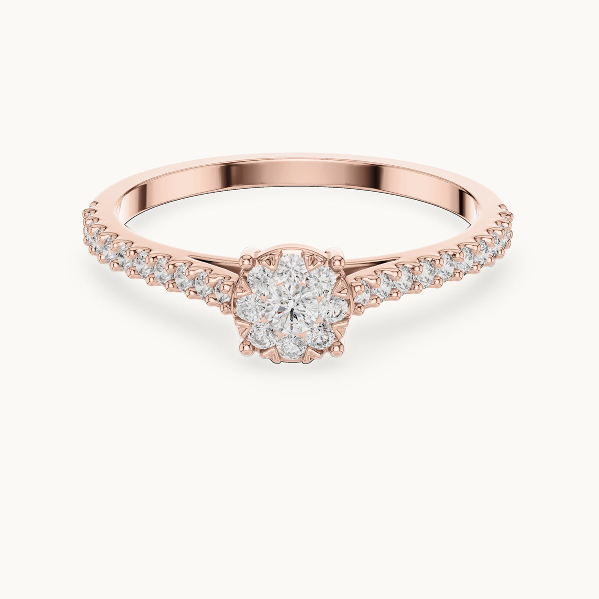 Round lab-grown diamond cluster halo ring with pave band in rose gold, 0.306 CT TW, view 4