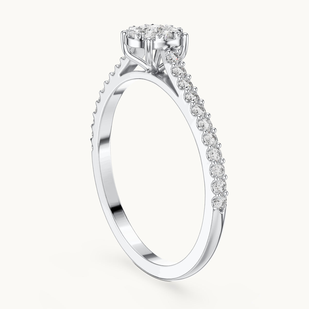 Round lab-grown diamond cluster halo ring with pave band in white gold, 0.306 CT TW, view 1