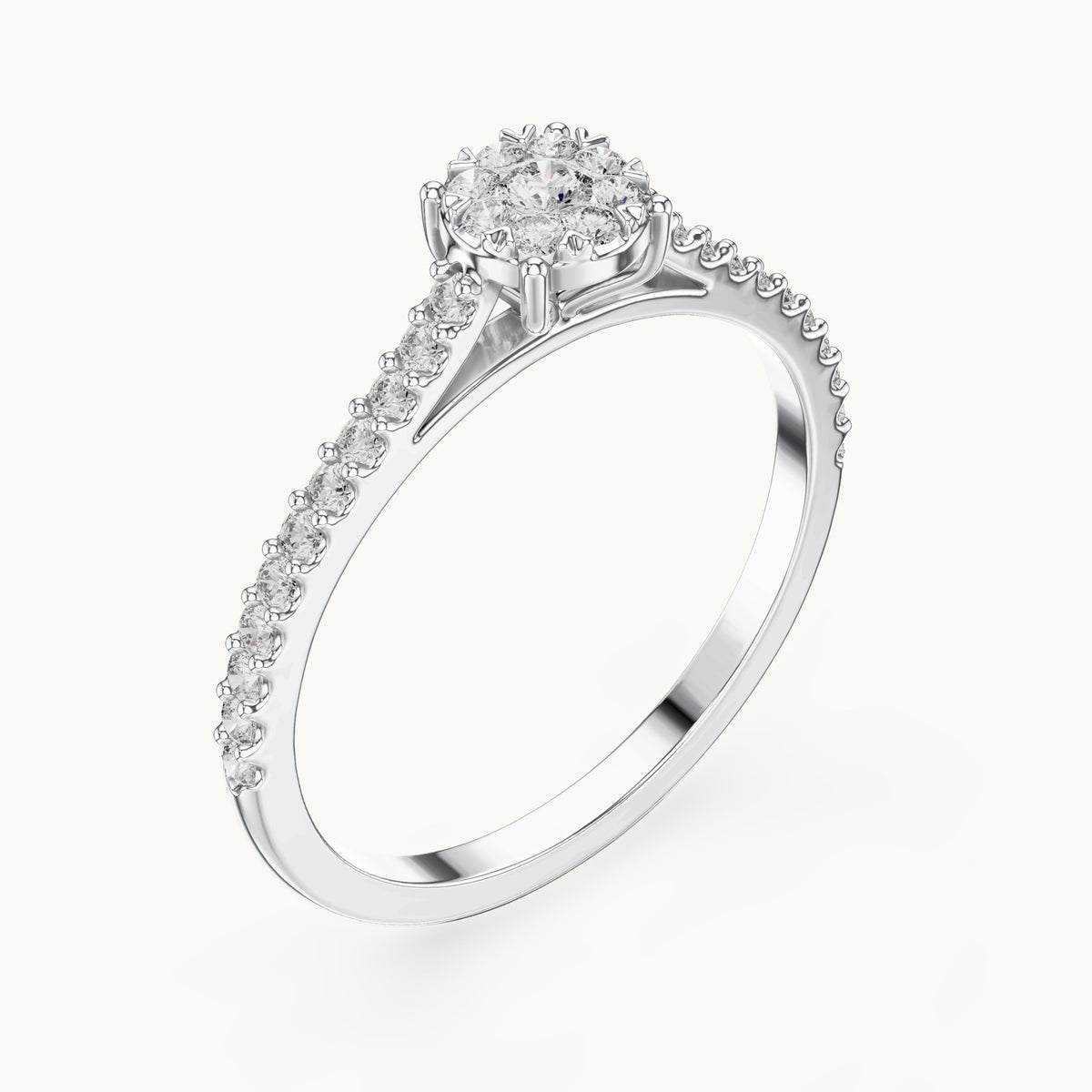 Round lab-grown diamond cluster halo ring with pave band in white gold, 0.306 CT TW, view 2
