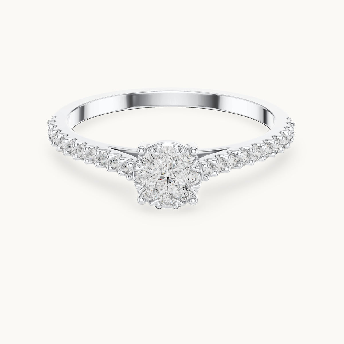 Round lab-grown diamond cluster halo ring with pave band in white gold, 0.306 CT TW, view 4