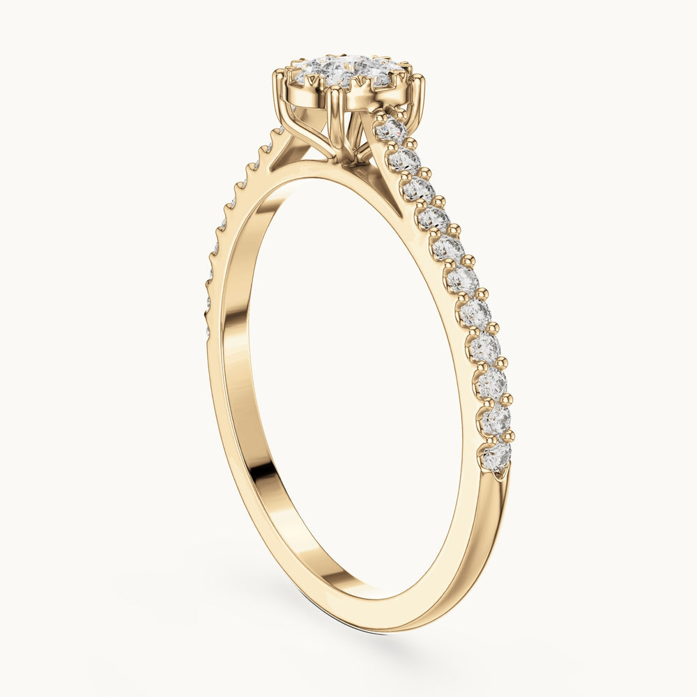 Round lab-grown diamond cluster halo ring with pave band in yellow gold, 0.306 CT TW, view 1