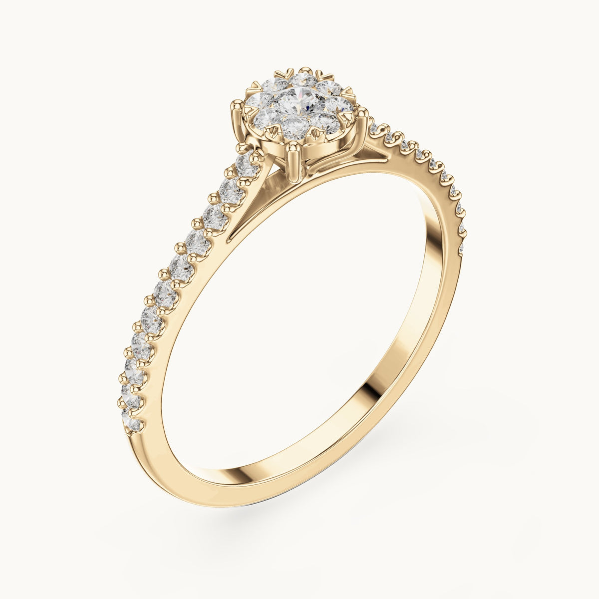 Round lab-grown diamond cluster halo ring with pave band in yellow gold, 0.306 CT TW, view 2
