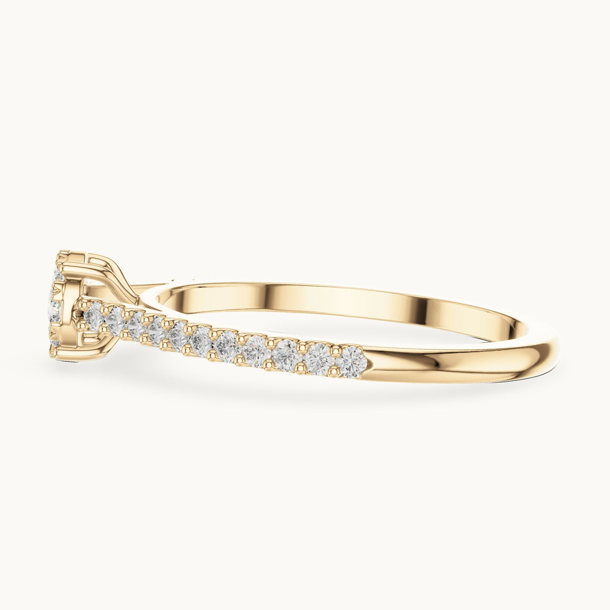 Round lab-grown diamond cluster halo ring with pave band in yellow gold, 0.306 CT TW, view 3