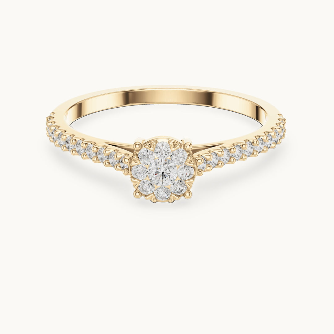 Round lab-grown diamond cluster halo ring with pave band in yellow gold, 0.306 CT TW, view 4