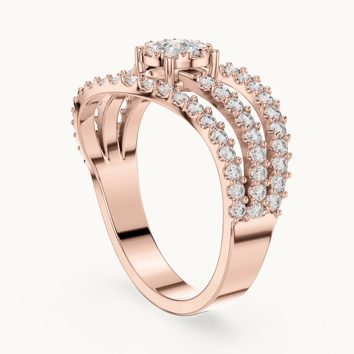 Round lab-grown diamond pavé wave cluster ring in rose gold, 0.766 CT TW, view 1