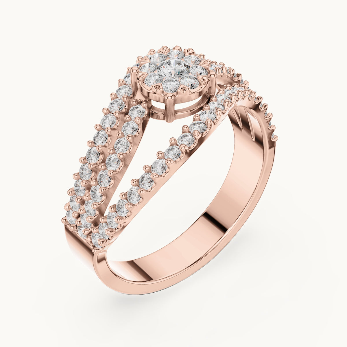 Round lab-grown diamond pavé wave cluster ring in rose gold, 0.766 CT TW, view 2