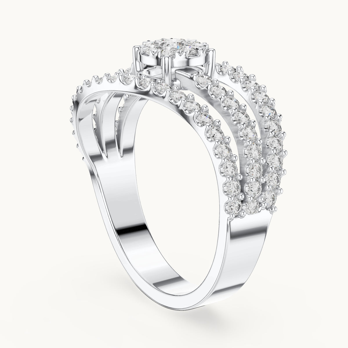 Round lab-grown diamond pavé wave cluster ring in white gold, 0.766 CT TW, view 1