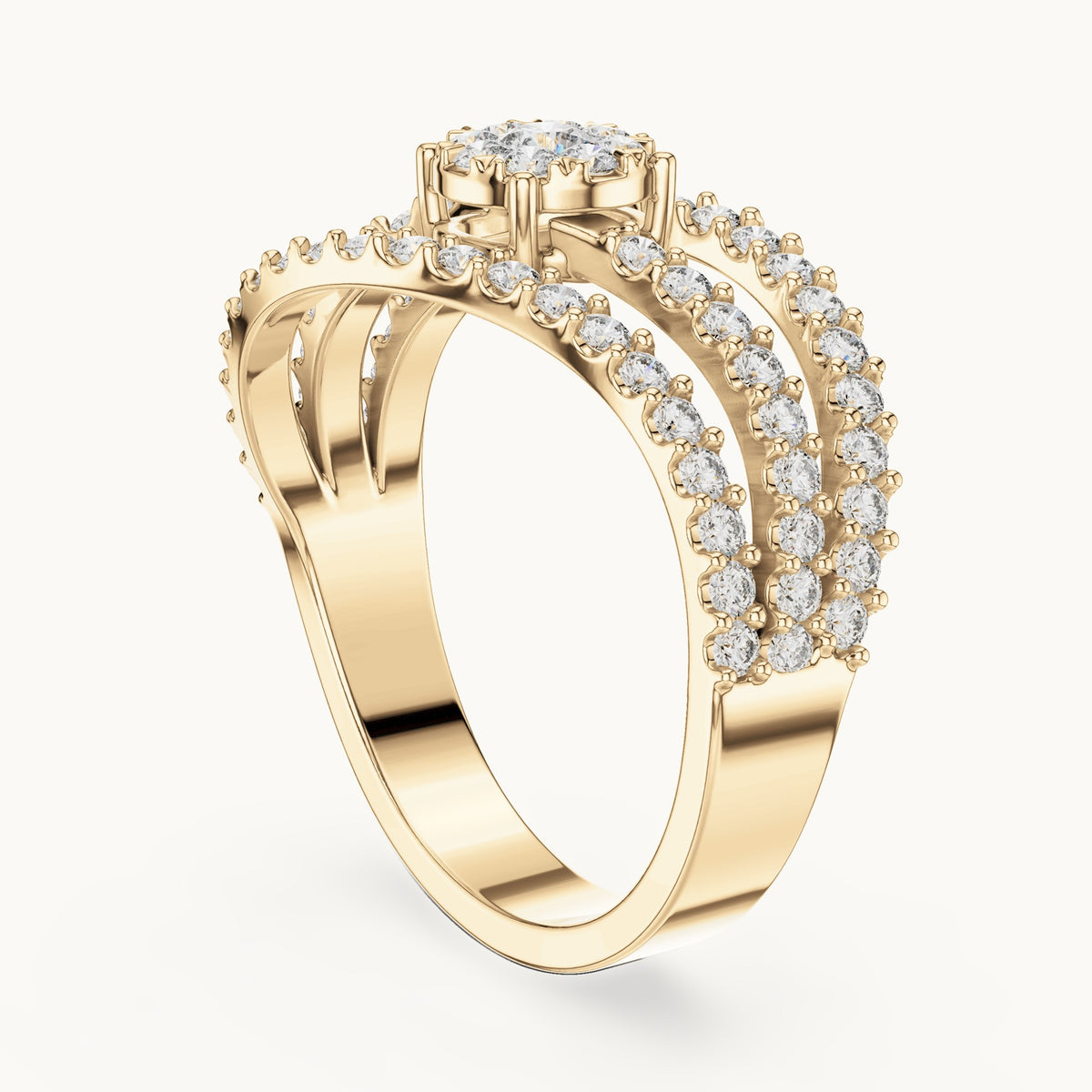 Round lab-grown diamond pavé wave cluster ring in yellow gold, 0.766 CT TW, view 1
